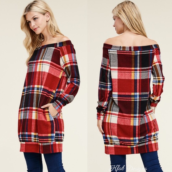 ❤️LAST ONE! Off Shoulder Plaid Tunic w/Side Pockets! - Picture 5 of 7